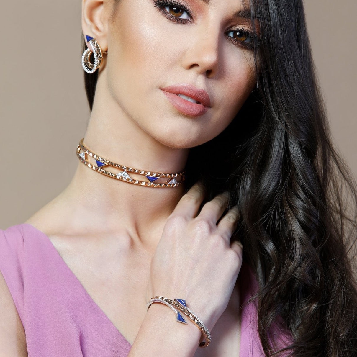 Okre by Yessayan - Lapis Stone Pyramid Rose & White Gold Diamond Cuff Bracelet  | Shop Bracelets