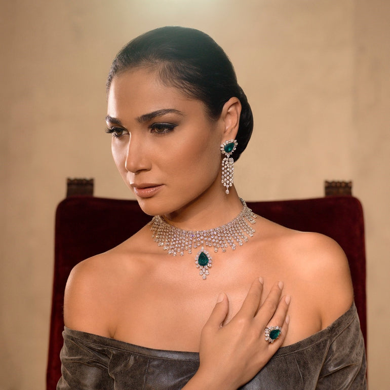 Emerald & Diamond Necklace with Earrings | Buy Diamond Jewellery Set Online
