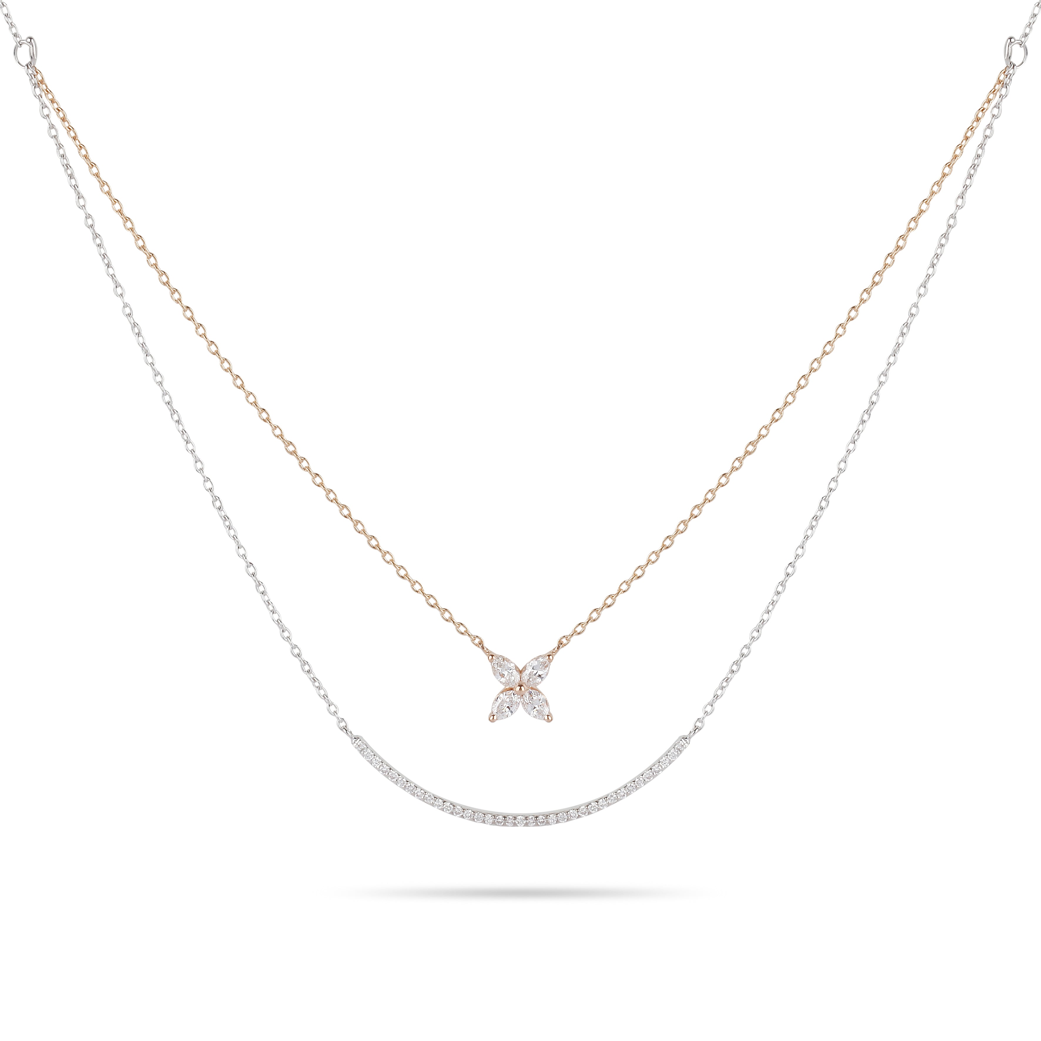 Two-Tone Double Chain Floral Diamond Necklace | Diamond Necklace | Chain Necklace Women