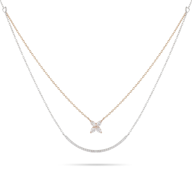 Two-Tone Double Chain Floral Diamond Necklace | Diamond Necklace | Chain Necklace Women