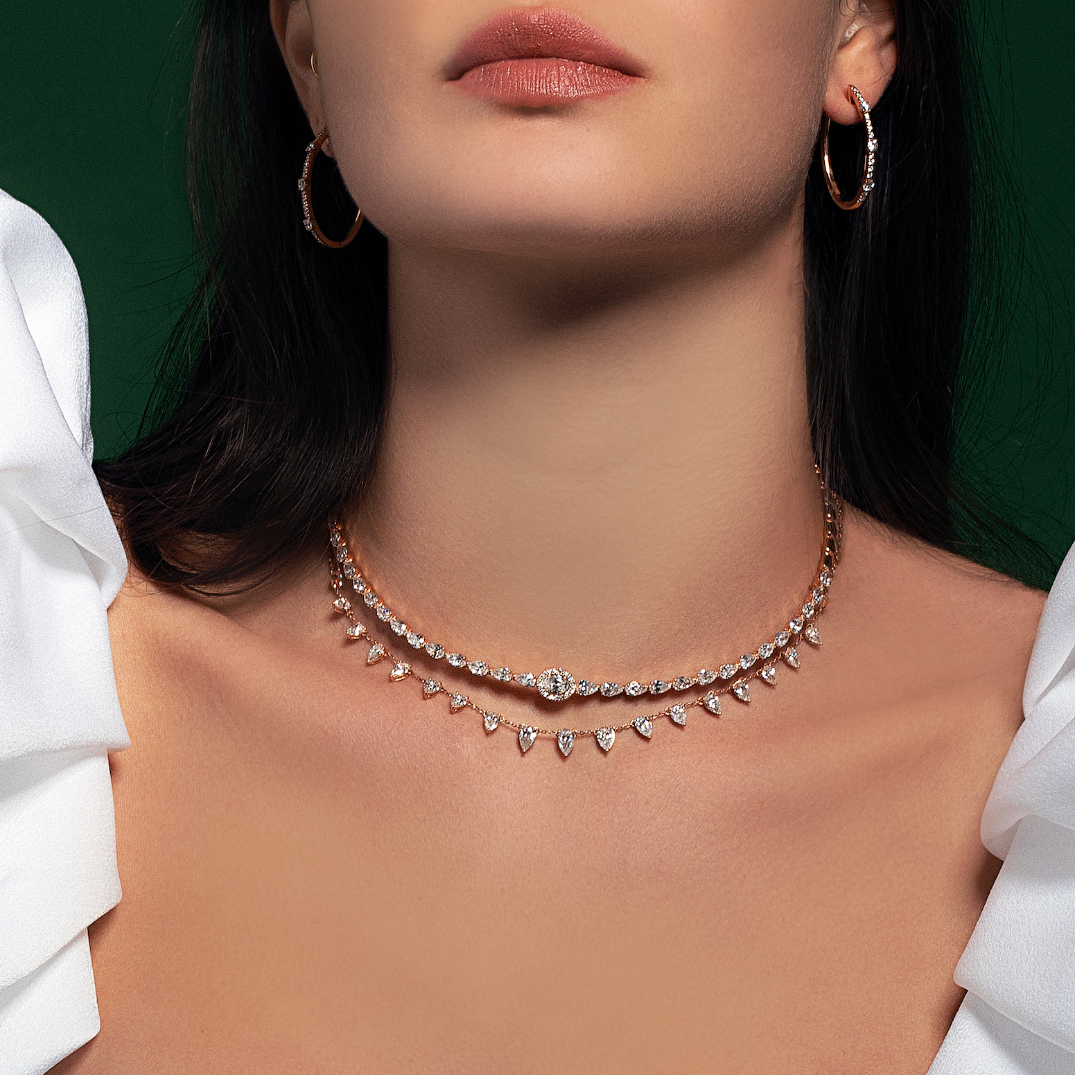 Oval & Pear Accent Diamond Linear Choker | Diamond Necklace | Diamond Gold Necklace