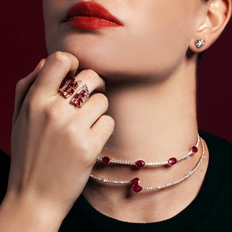 Ruby & Diamond Linear Choker | Diamond Necklace | Diamond Gold Necklace