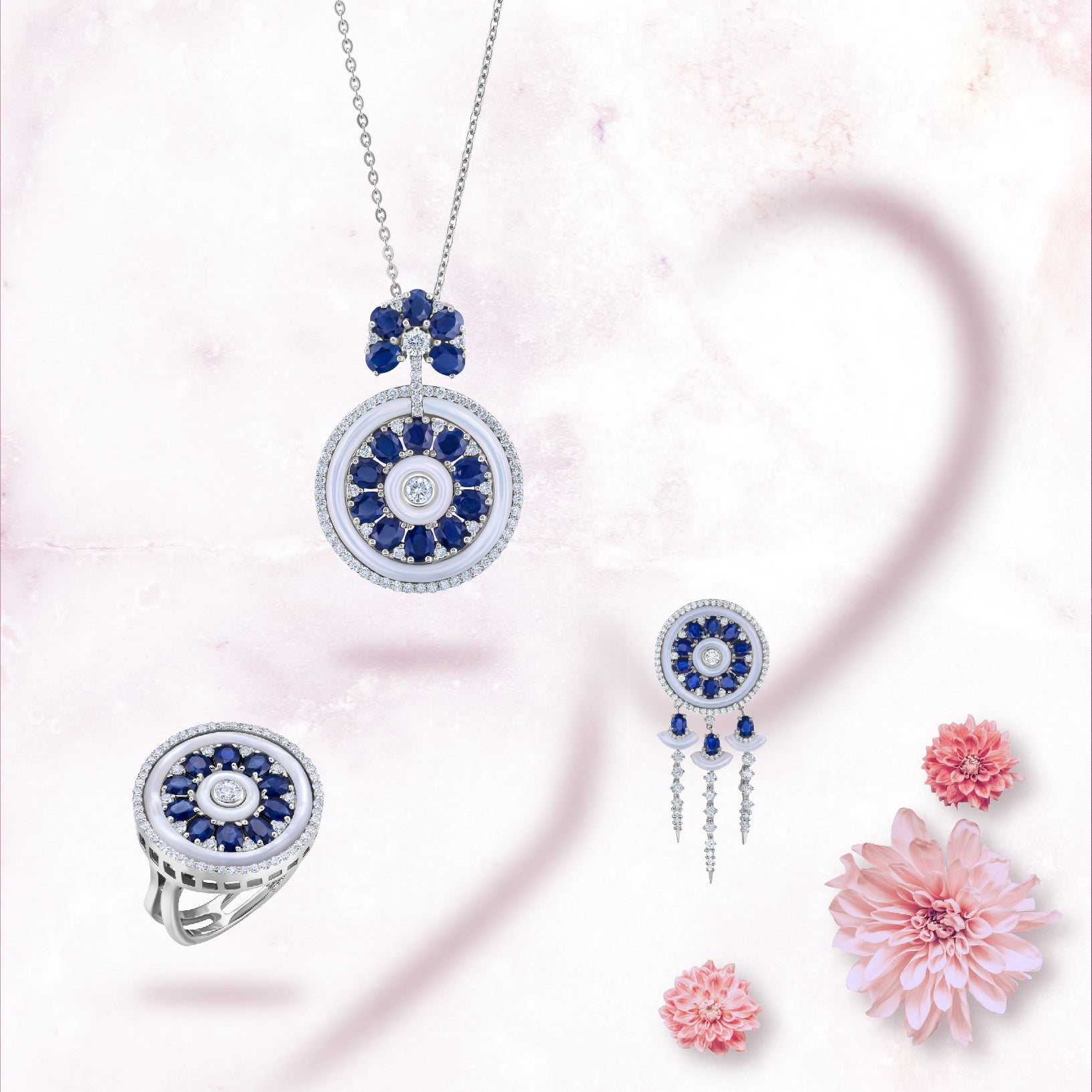 Sapphire & Diamond Medallion Style Drop Earrings | Order jewel online 