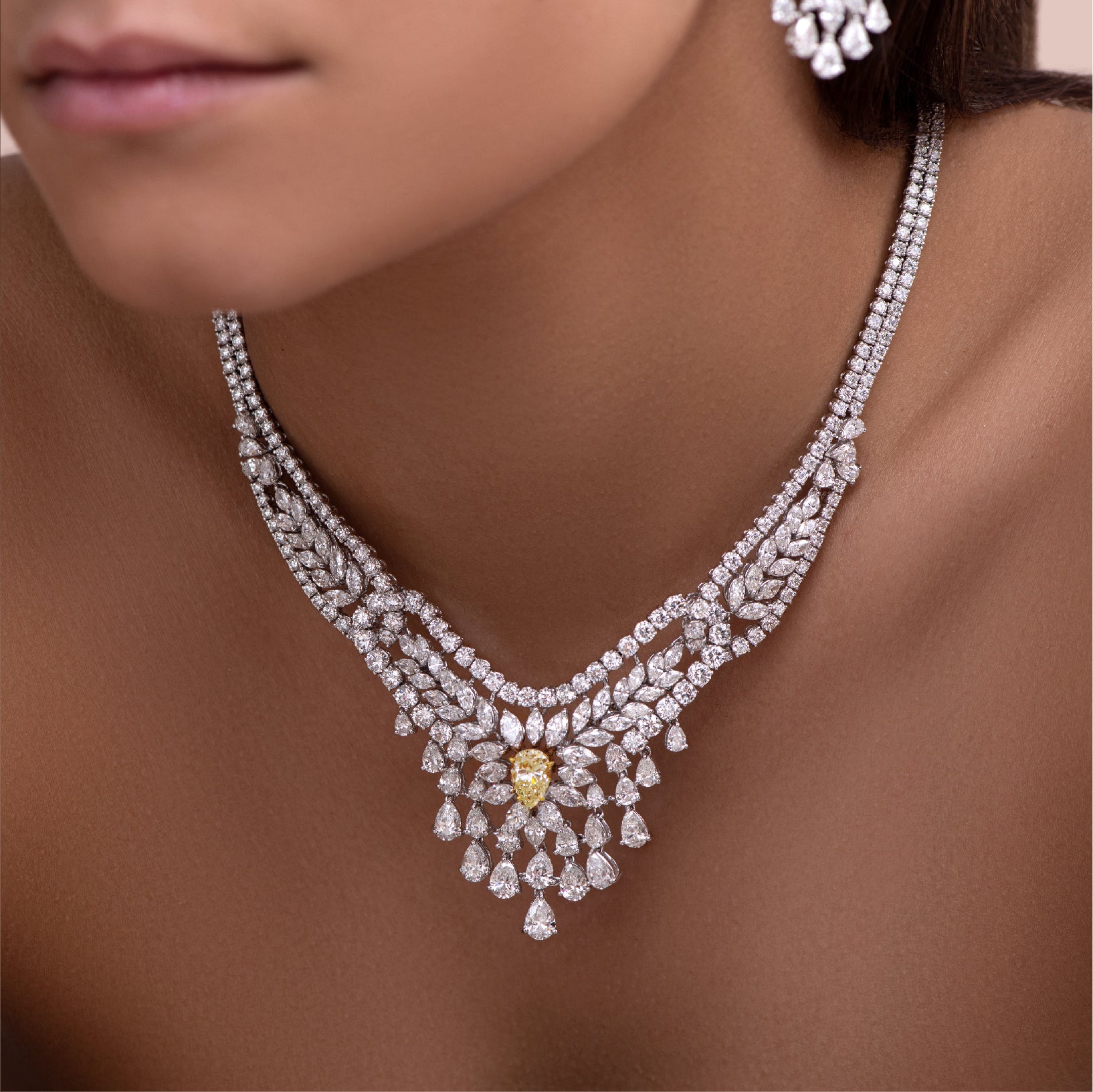 Round, Pear Drop, & Center Yellow Diamond Necklace | Designer Jewelry Online
