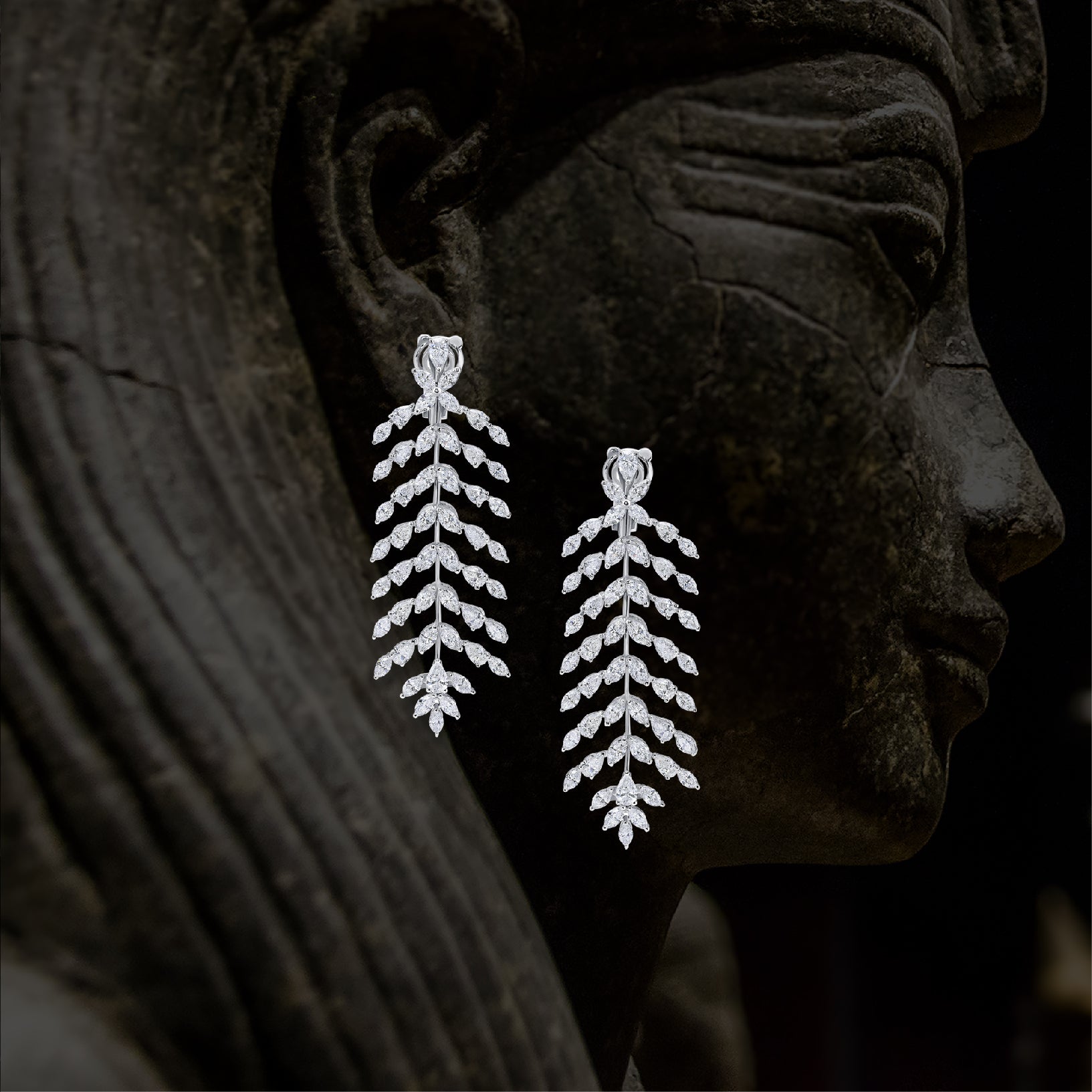 Palm Leaf Pear & Marquise Drop Diamond Earrings | Best jewelry shop 