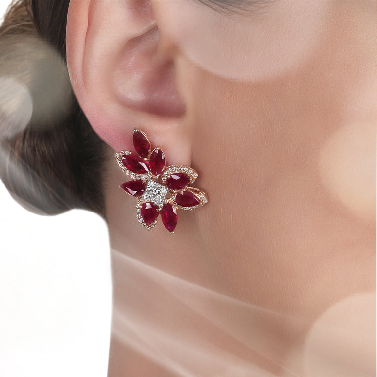 Flower Ruby & White Diamonds Earrings | Prestige Collection
