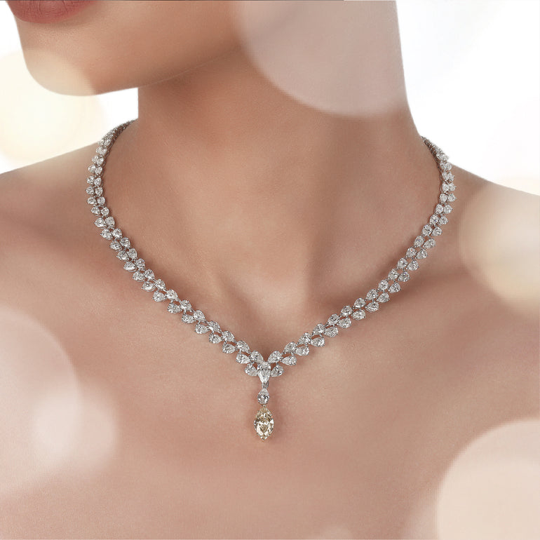 Yellow Diamond Drop Double Row Pear White Diamond Necklace | Diamond Jewellery Online